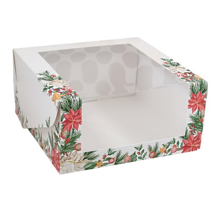 Коробка для торта с окном "Рождественская" 22,5х22,5х11 см
