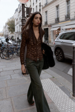 ZARA ТОП С ВЫШИВКОЙ РИШЕЛЬЕ, КОРИЧНЕВЫЙ