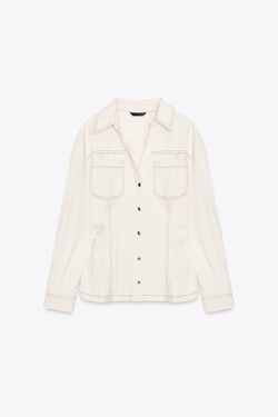 ZARA ПРИТАЛЕННАЯ ДЖИНСОВАЯ РУБАШКА, ЭКРЮ
