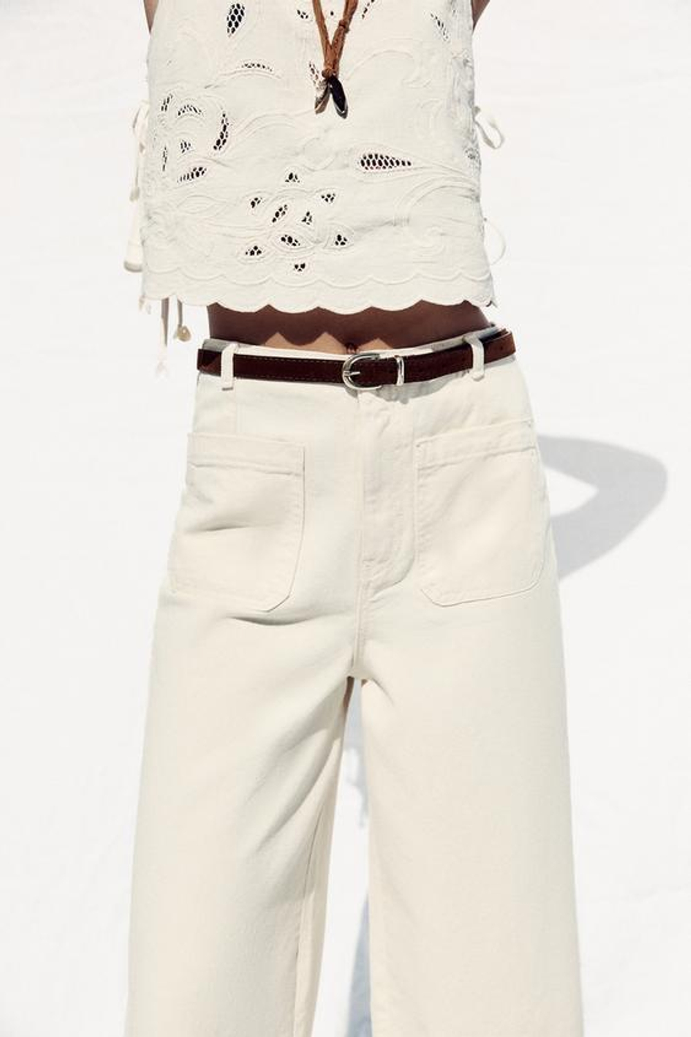 ZARA ДЖИНСЫ-КЮЛОТЫ Z1975 С ВЫСОКОЙ ПОСАДКОЙ И РЕМНЕМ, ЭКРЮ