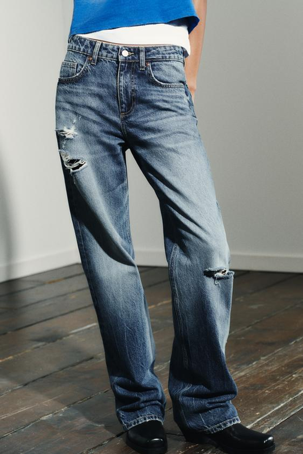 ZARA ДЖИНСЫ TRF WIDE-LEG С РАЗРЕЗАМИ И СРЕДНЕЙ ПОСАДКОЙ, СИНИЙ