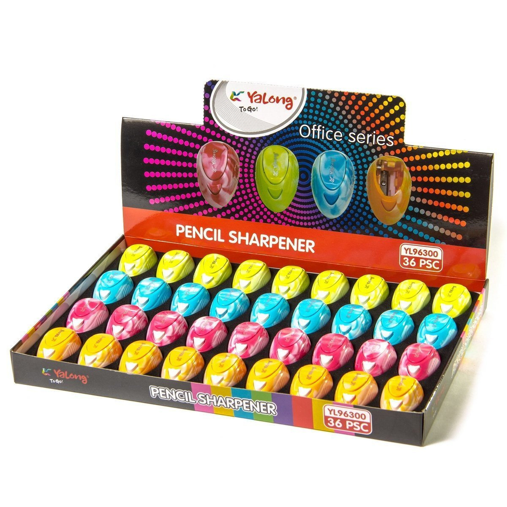 Точилка пластиковая Yalong, 1 отверстие, фигурная, с контейнером, цвет ассорти, картонная упаковка