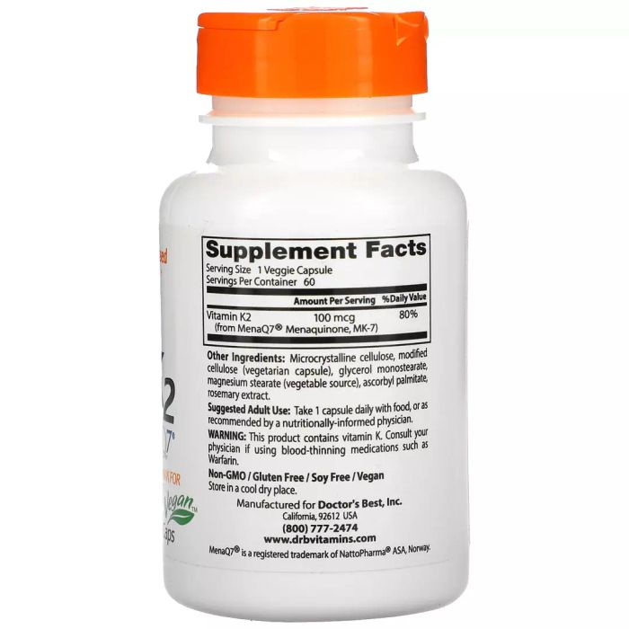 Витамин K2 MK-7 с MenaQ7 100 мкг, Vitamin K2 Mk-7 with MenaQ7, Doctor&#39;s Best, 60 вегетарианских капсул 2