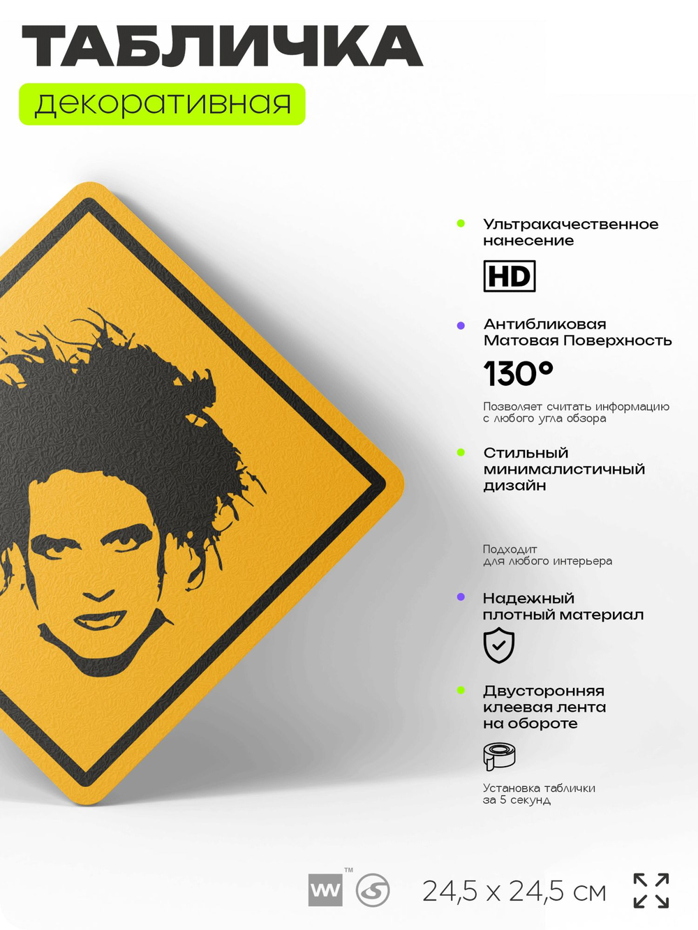 Табличка декоративная "The Cure, Роберт Смит, Robert Smith" на дверь и стену, прикольная штука в подарок, декоративный знак, 24,5х24,5 см, пластиковая, Айдентика Технолоджи