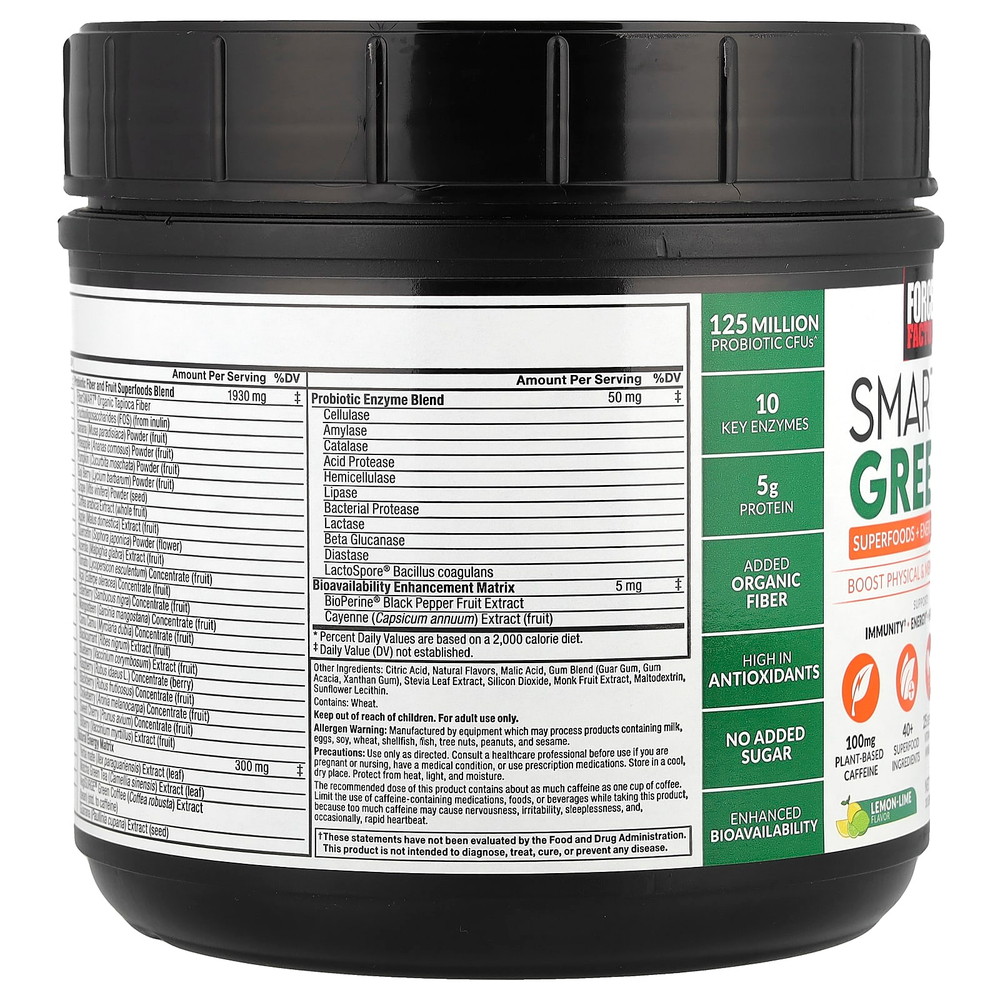 Force Factor, Smarter Greens ™, суперфуды + энергетический порошок, лимон и лайм, 483 г (17 унций)