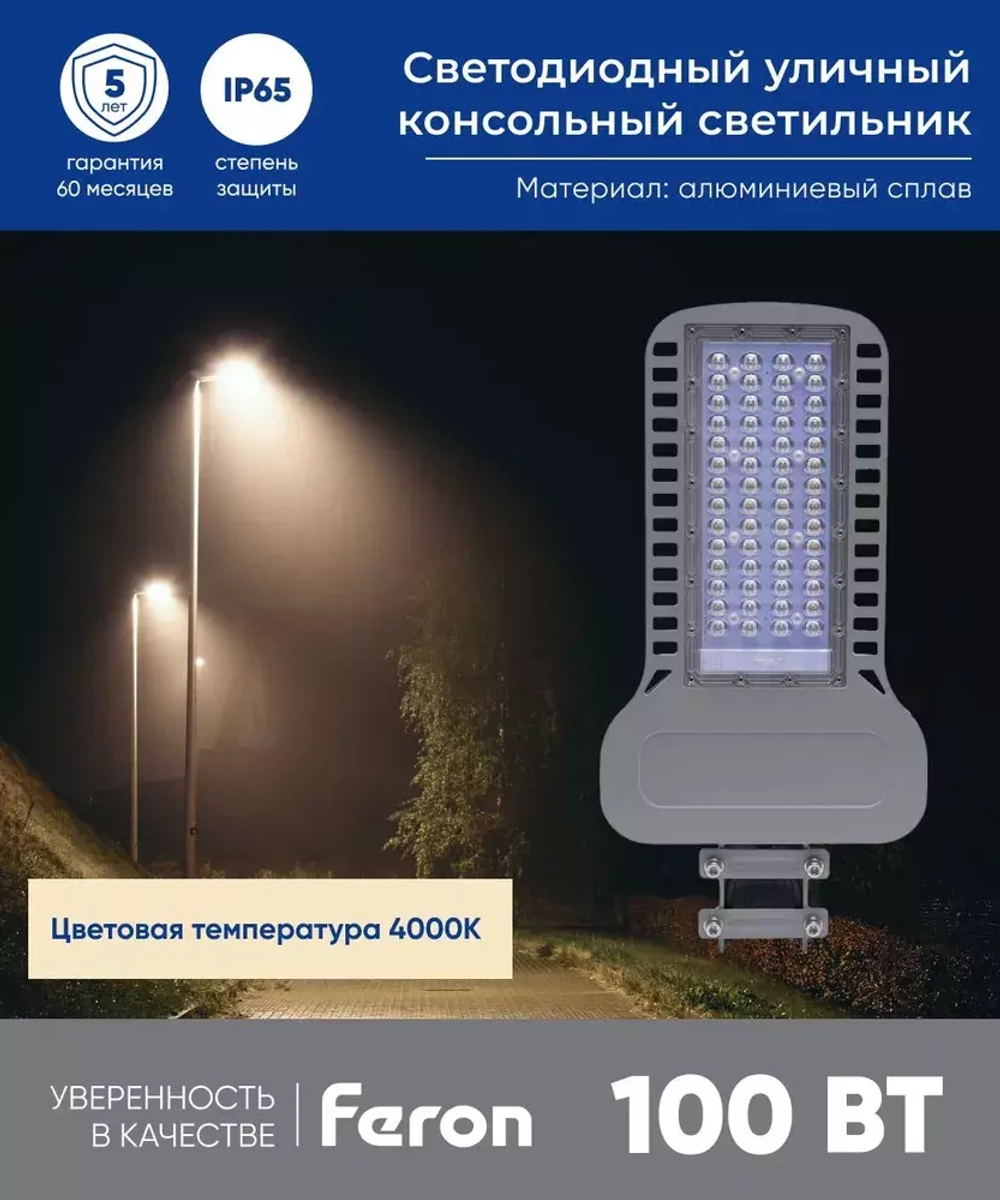 Светильник LED ДКУ уличный SP3050 100W 4000K серый Feron 41269