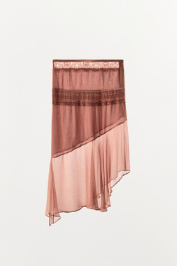 ZARA ЮБКА ИЗ ЖОРЖЕТА С КРУЖЕВОМ, РОЗОВАТЫЙ