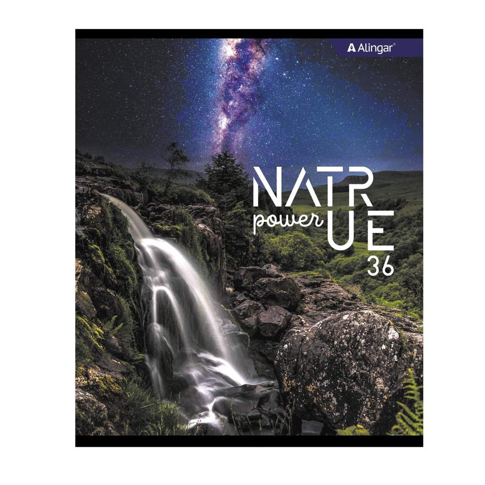 Тетрадь 36 л., А5, клетка, Alingar "Nature power", скрепка, второй блок 60г/м2, мелованный картон (стандарт), 4 дизайна в пленке т/у