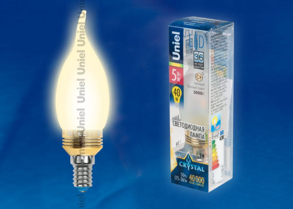 LED-CW37P-5W/WW/E14/FR ALC02GD Лампа светодиодная пятилепестковая. Форма свеча на ветру, матовая колба. Материал корпуса алюминий. Цвет свечения теп