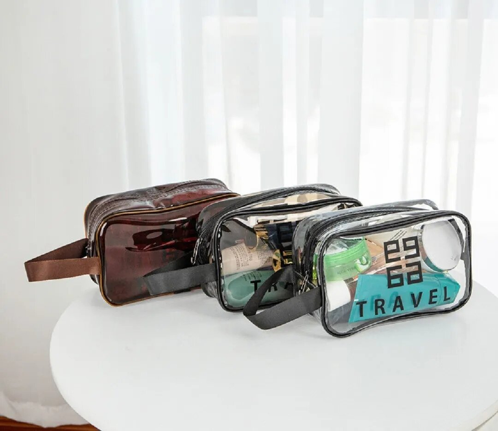 Косметичка водонепроницаемая ПВХ на молнии сумочка с ручкой TRAVEL, прозрачная 25*10*16см