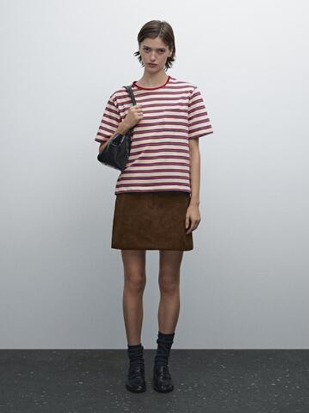 Massimo Dutti Футболка из хлопка в полоску с карманом, разноцветный