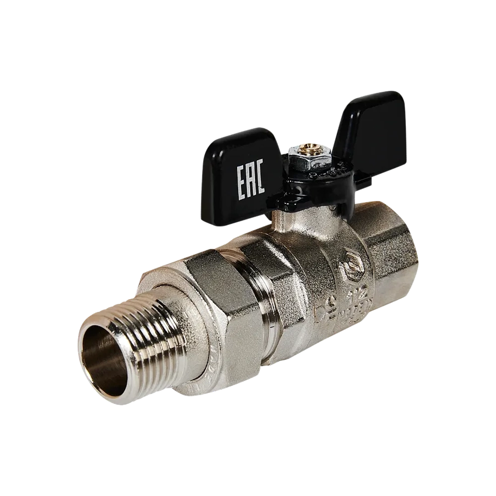 Кран шаровой полнопроходной STOUT - 1/2" (ВР/НР-американка PN40, Tmax 150°C, ручка-бабочка черная)