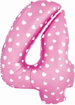 Шар (40"/102 см) Цифра, 4, Сердечки, Розовый, в упаковке 1 шт.