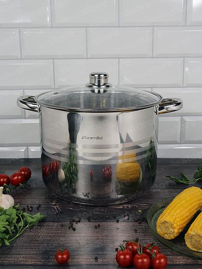 Кастрюля 13 л. из нержавеющей стали Kamille KM 5405 со стеклянной крышкой