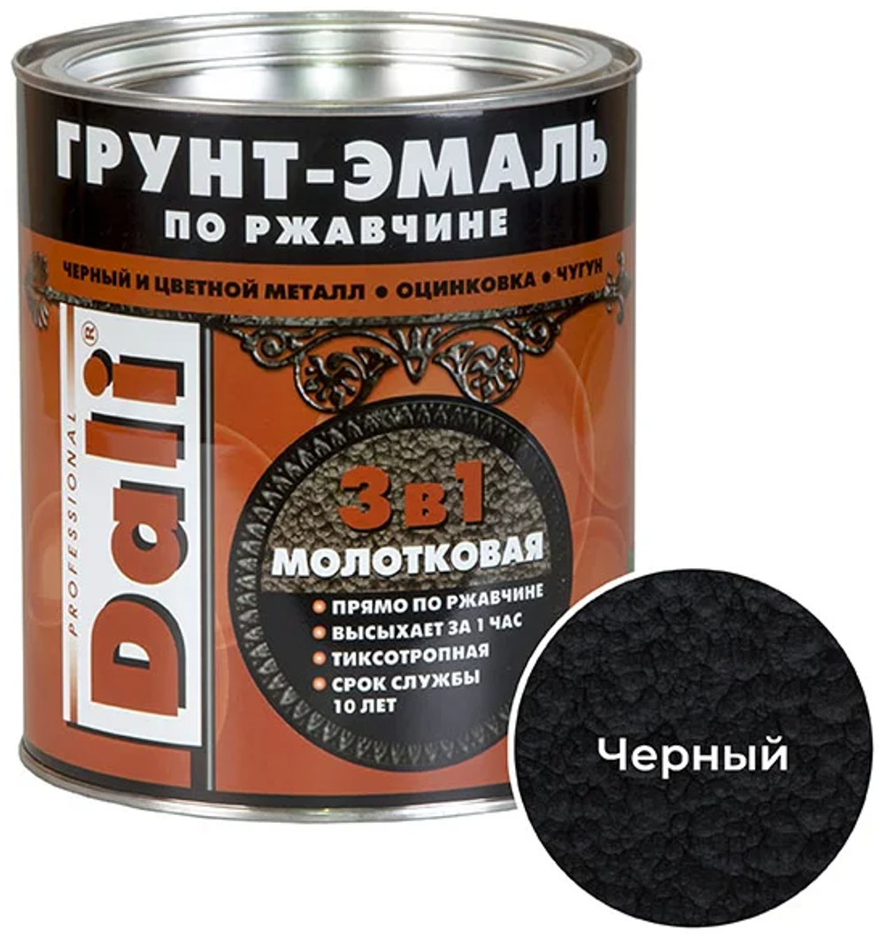 Грунт-эмаль по ржавчине Dali 3 в 1, молотковая, 2 л, черная, 29338