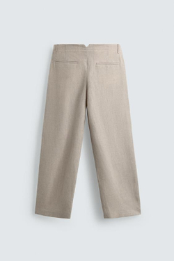ZARA БРЮКИ ИЗ ХЛОПКА И ЛЬНА С ЗАЩИПАМИ, ПЕСОЧНЫЙ