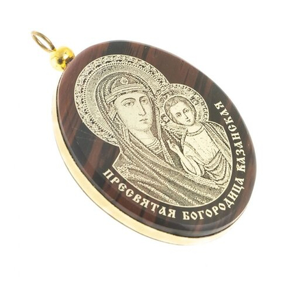 Брелок-кулон оберег "Казанская БМ" камень обсидиан