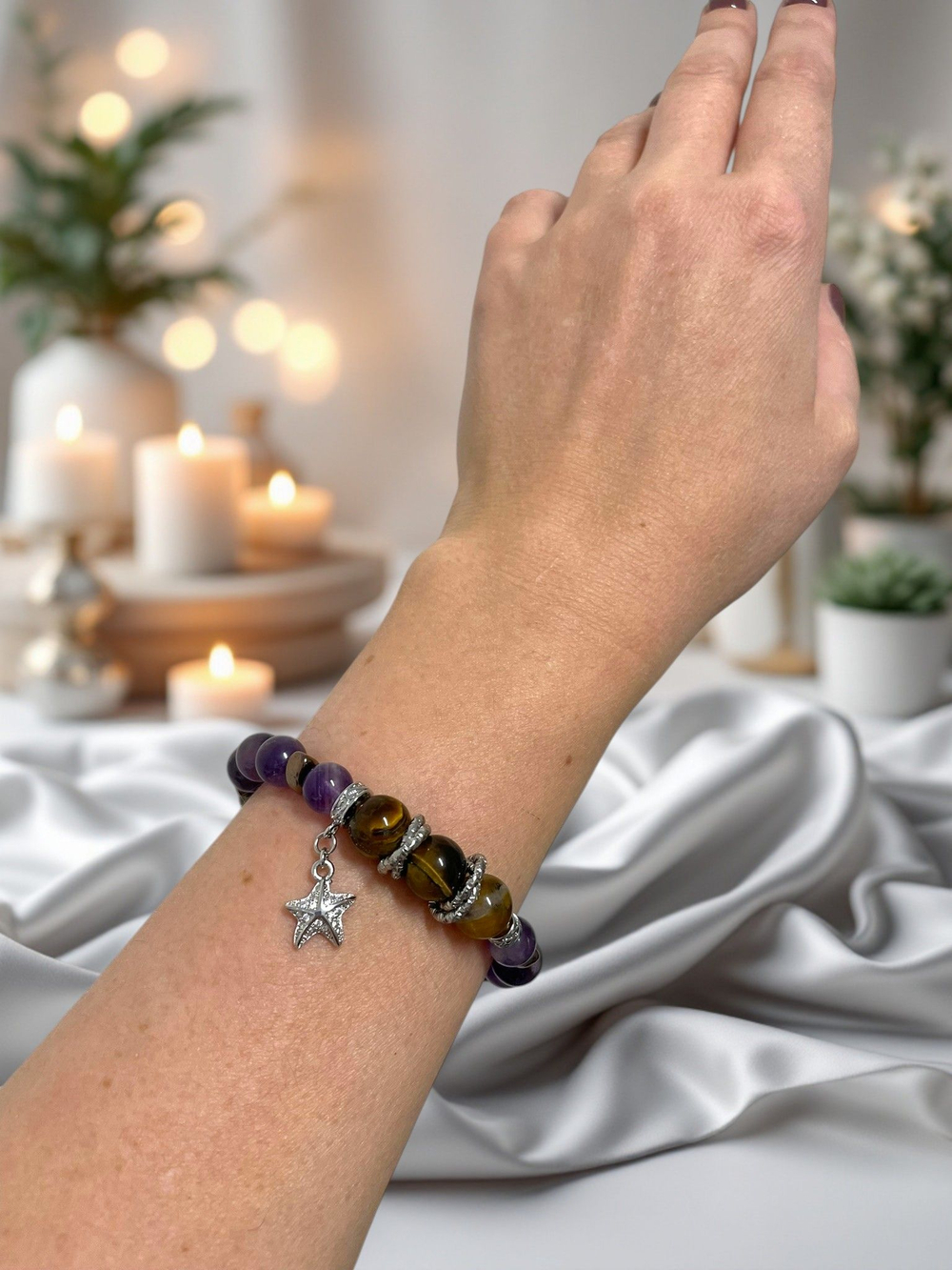Браслет для Скорпионов, аметист, тигр глаз, гематит