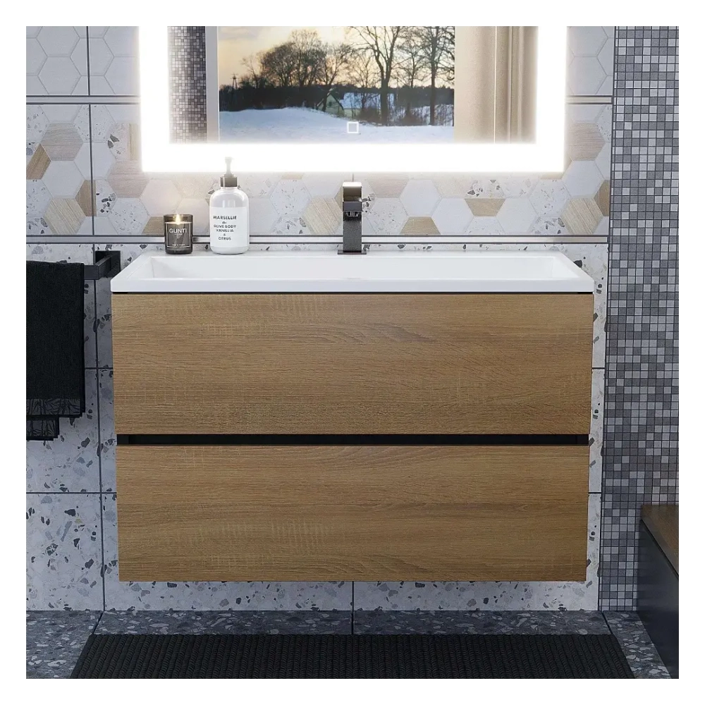 Тумба с раковиной Uperwood Barsa 80 см, раковина белая, подвесная тумба черная/дуб сонома