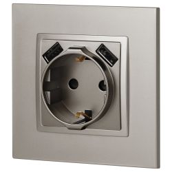 Розетка ЭРА Elegance 14-4109-16 2P+E 16A-250В штор. с 2xUSB 5В-3А титан