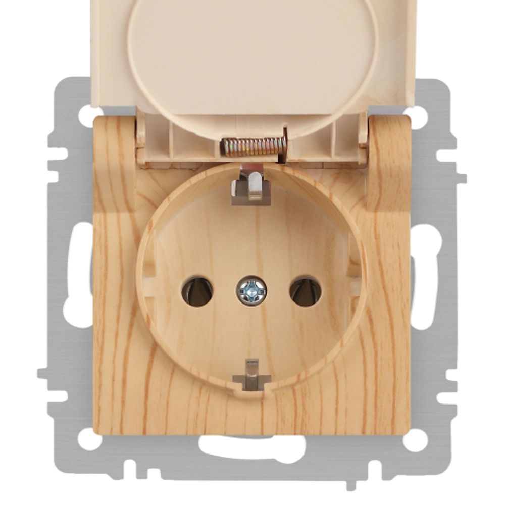 Розетка Intro Accent 6-203-11 с заземлением 2P+E Schuko с крышкой 16А-250В IP20 СУ AL/CU сосна