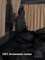 Шторы на лобовое (высота 0,75м, ширина одной стороны - 2,30м) и спальное место (высота 1,45м, ширина одной стороны - 1,15м) с бахромой и кистями в кабину грузовика. Полный комплект. Блэкаут, велюр. Бежевый цвет с красными кистями-прихватами