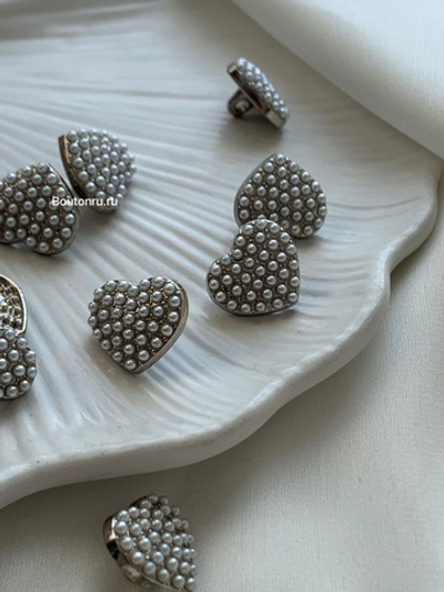 Пуговицы сердечки  серебро с жемчугом
