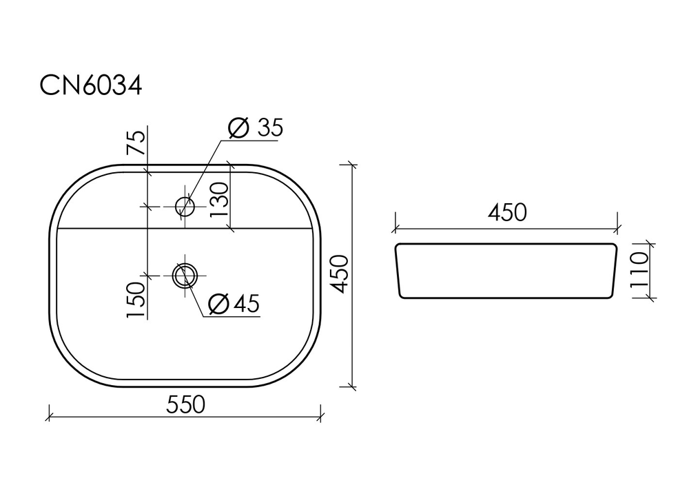 Умывальник чаша накладная прямоугольная Element 550x450x110мм