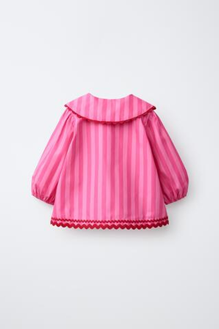 ZARA РУБАШКА В ПОЛОСКУ С ВОЛНИСТЫМ КРАЕМ, ЦВЕТ ФУКСИИ