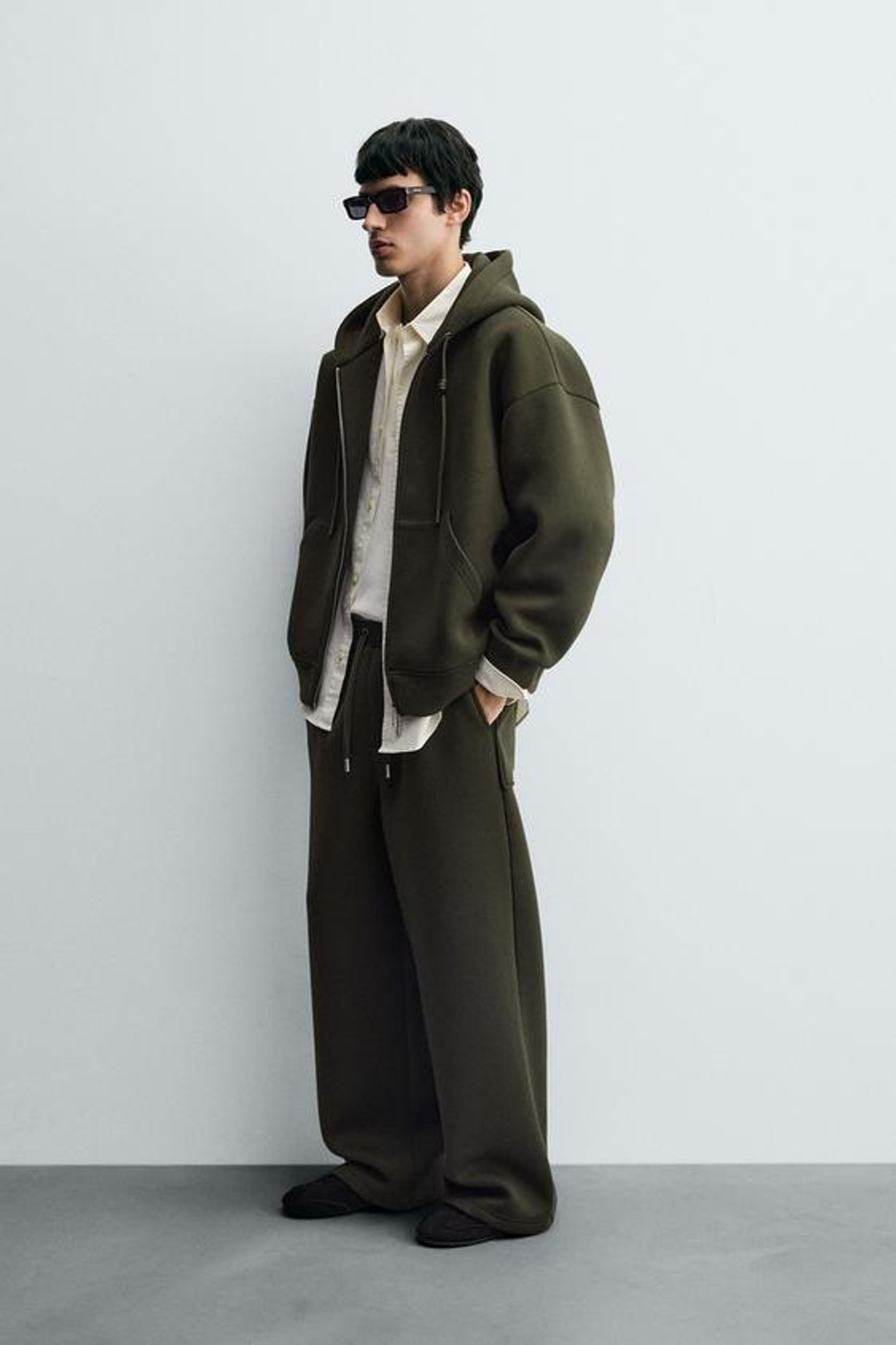 ZARA БРЮКИ INTERLOCK WIDE FIT, ТЕМНО-ЗЕЛЕНЫЙ