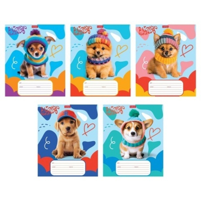 Тетрадь 12л А5ф клетка 60-65г/кв.м на скобе 5 диз.в блоке скругл.углы серия -Мы-пёсики!-