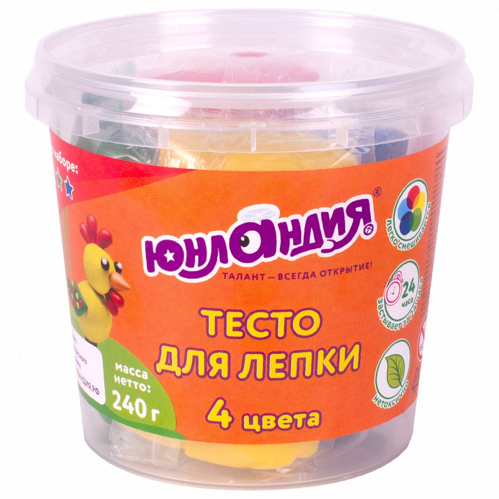 Пластилин на растительной основе (тесто для лепки) ЮНЛАНДИЯ, 4 цвета, 240 г, пластиковый стакан, 105505