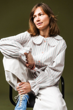 Рубашка с воротником "ромашка", зеленая полоска на персиковом