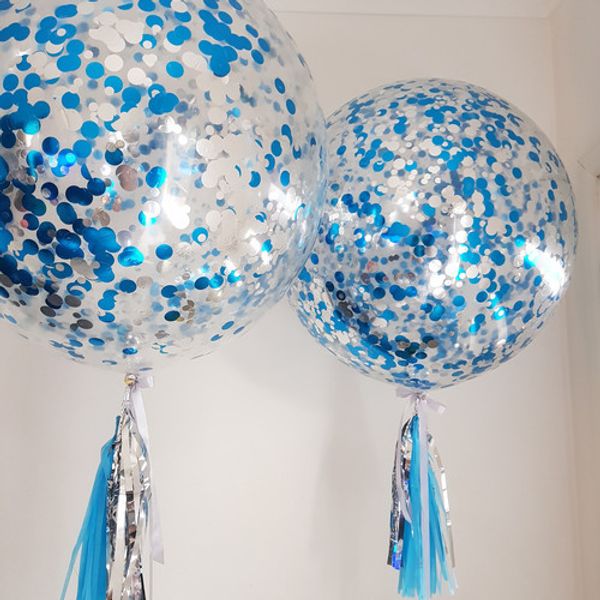 Шар Гигант с сине-серебряным конфетти + тассел