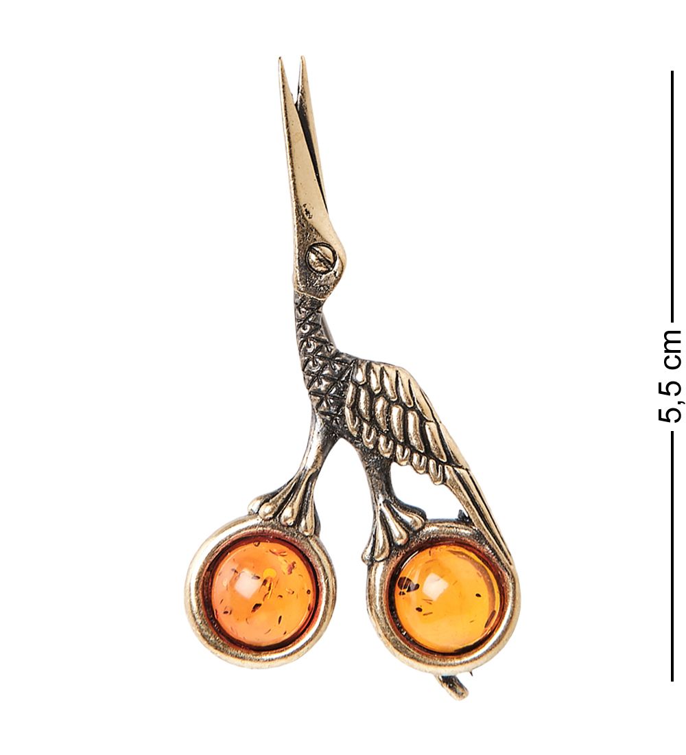AM-2372 Брошь «Ножницы журавль» (латунь, янтарь)