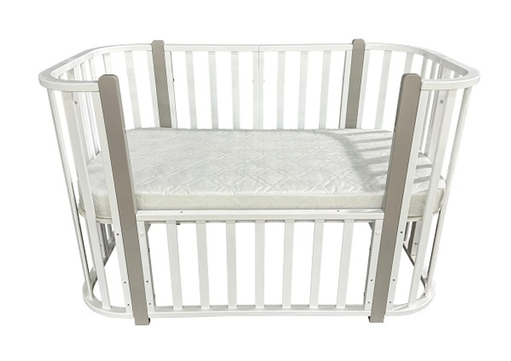 Кровать детская "Эля" 5 в 1 поперечный маятник/колеса (белый/вставки серые)