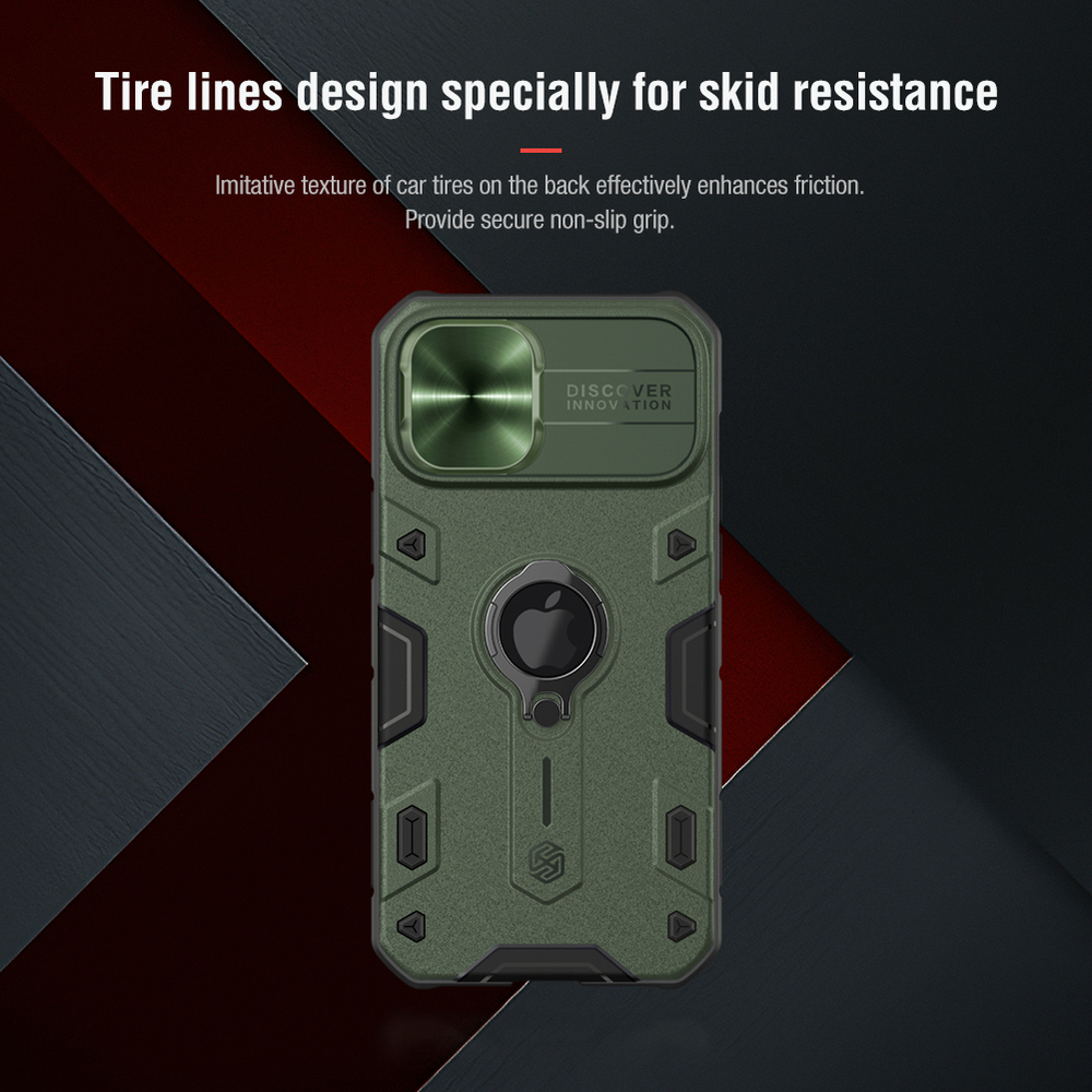 Зеленый чехол для iPhone 12 Pro Max от Nillkin серии CamShield Armor Case (отверстие под лого) с кольцом и защитной шторкой