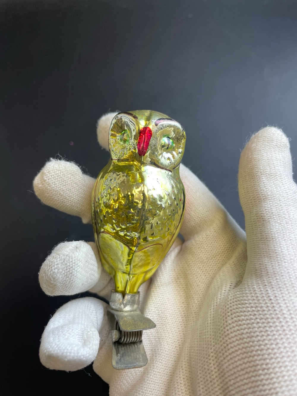 Ёлочная игрушка "Филин, сова" на прищепке, стекло, роспись, винтаж СССР 1950-1980 гг