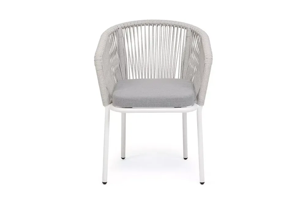 "Марсель" стул плетеный из роупа, каркас алюминий белый муар, роуп светло-серый меланж круглый tex, ткань светло-серая