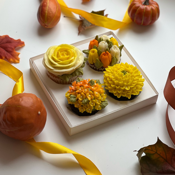 Набор капкейков «Осенний букет» с гортензией, розой, хризантемой и тюльпанами