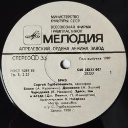 Винтажная виниловая пластинка LP Сергей Гурбелошвили Бриз (СССР 1989)