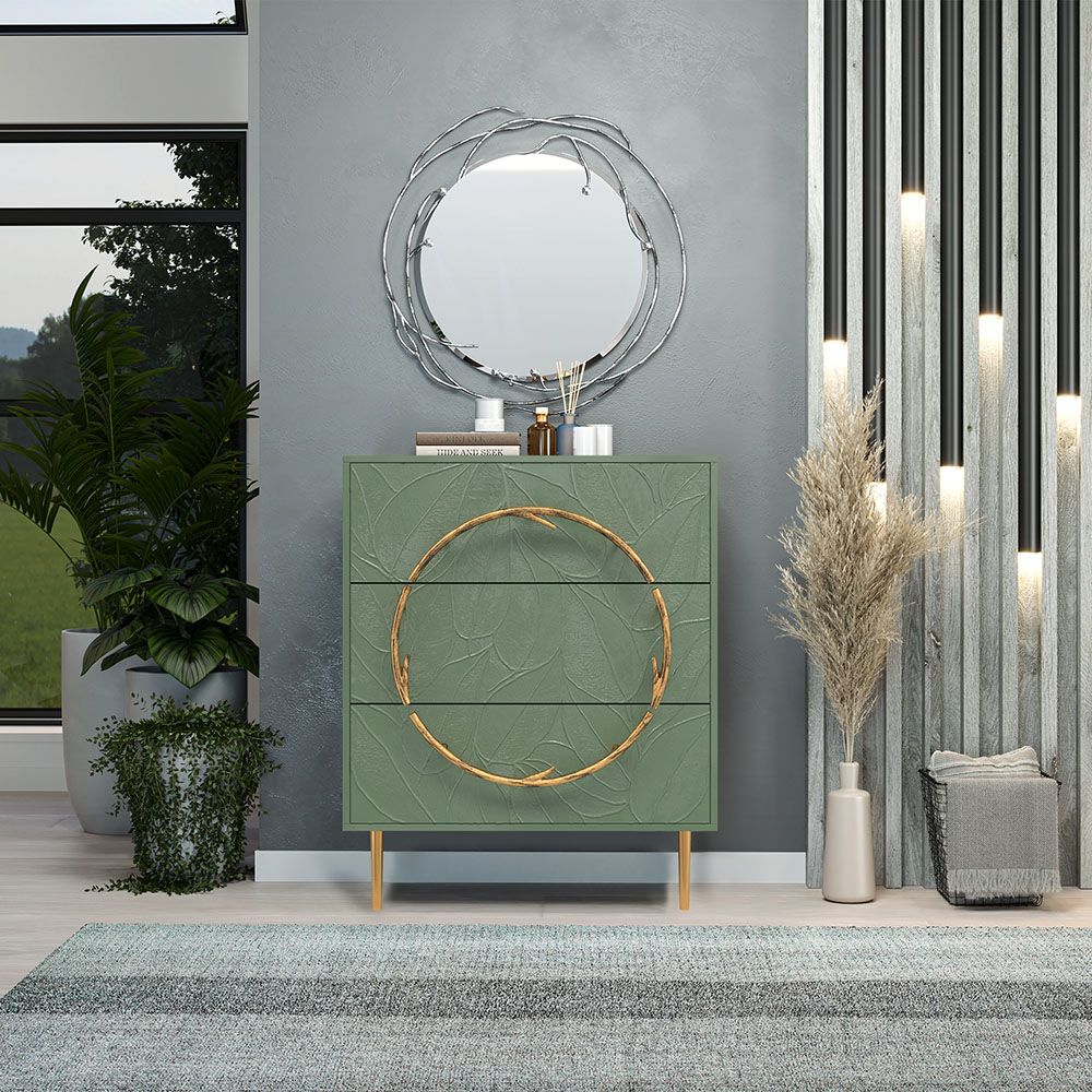 Комод Арт Колор leaves Стайл Голд с 3 ящиками Зеленый нефрит