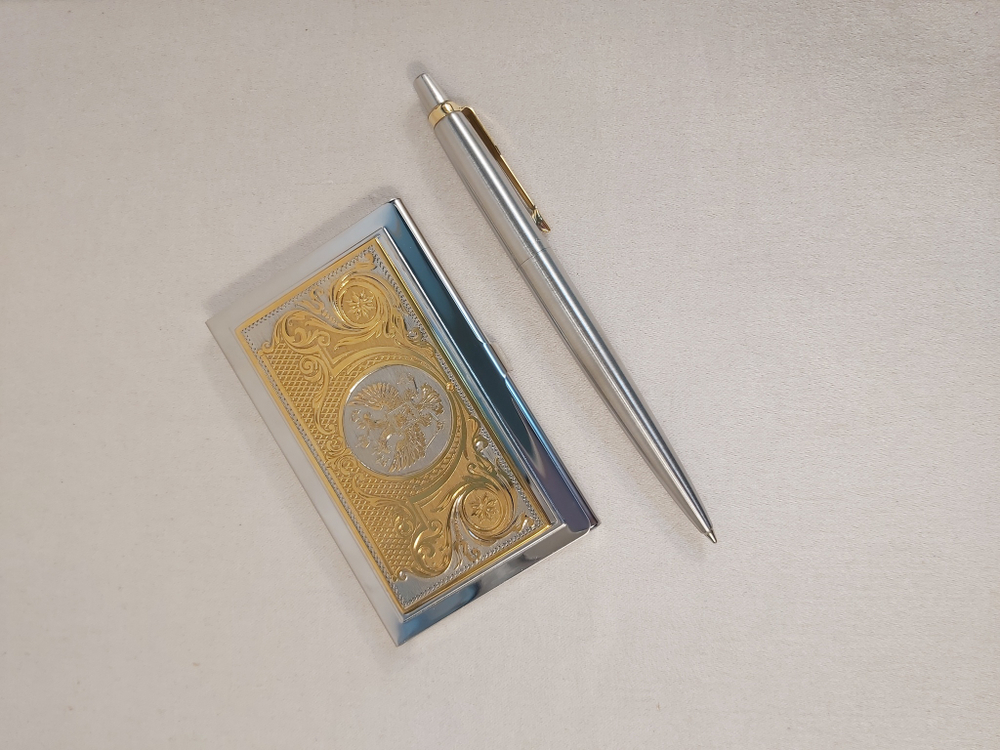Набор "Гербовый" №12 визитница (Златоуст), ручка Паркер