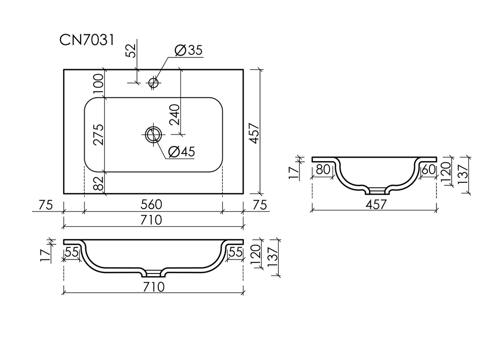 Раковина накладная мебельная CERAMICANOVA Grace 710x457x137 с отв. под смеситель, белый CN7031
