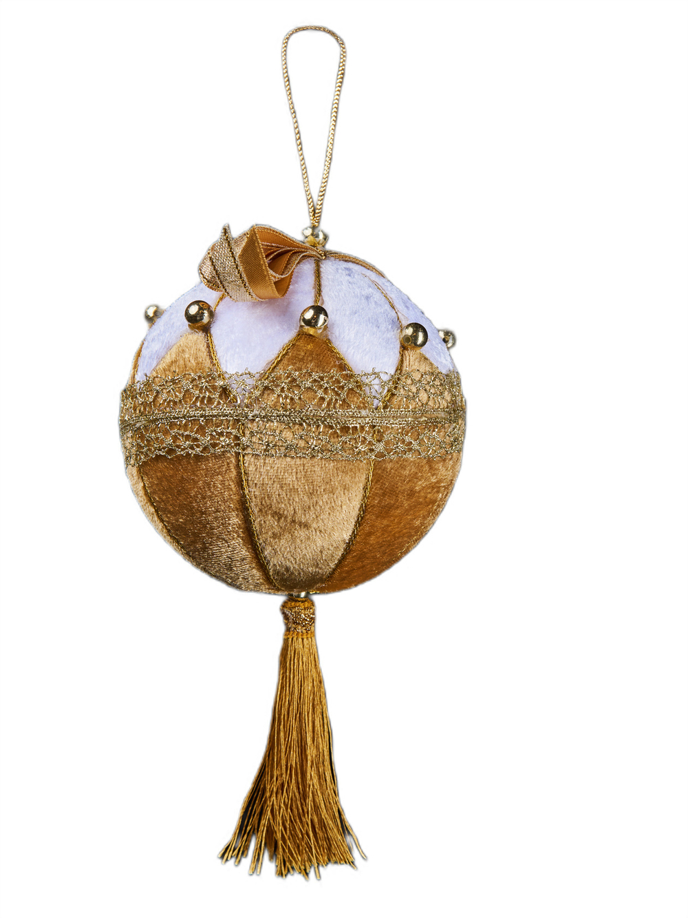 Шар с бантом и кисточкой 10х18см ChristmasDeLuxe белый с золотом