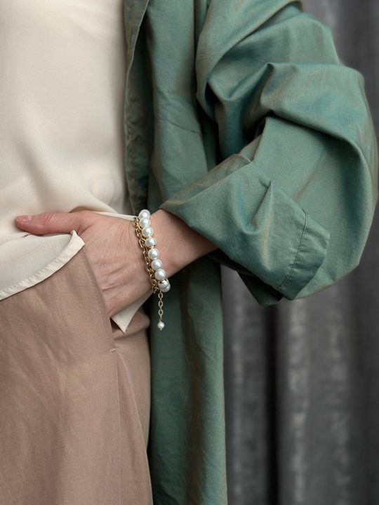 Браслет Твин 2 ряда кремового жемчуга и цепь ролло, оттенок золото