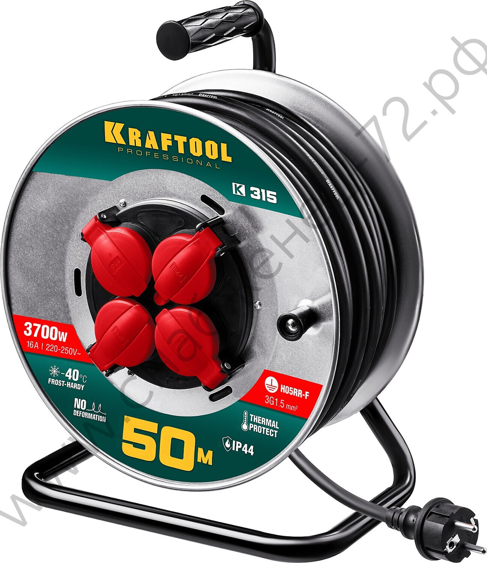 KRAFTOOL K-315, КГ 3х1.5 50м 3700Вт IP44, Силовой удлинитель на стальной катушке (55085-50)