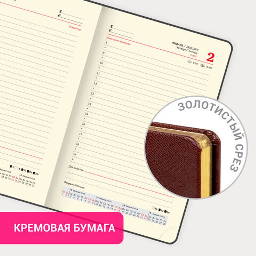 Ежедневник датированный 2025 МАЛЫЙ ФОРМАТ 100х150 мм А6, BRAUBERG "Iguana", под кожу, коричневый, 115743