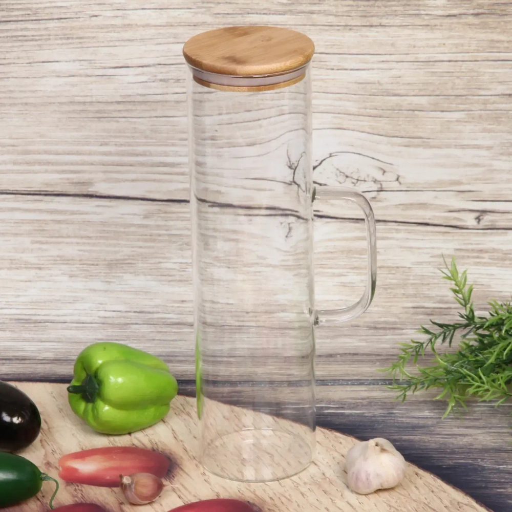 Банка для продуктов стеклянная 1500мл «Хай-Тек» с бамбуковой крышкой и ручкой 8,5*30см