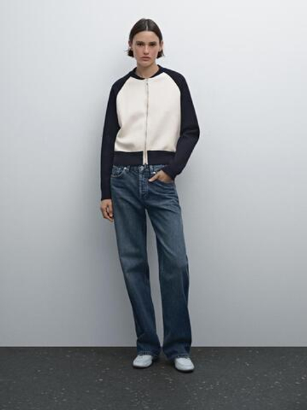 Massimo Dutti Кардиган-бомбер из смесового хлопка, темно-синий